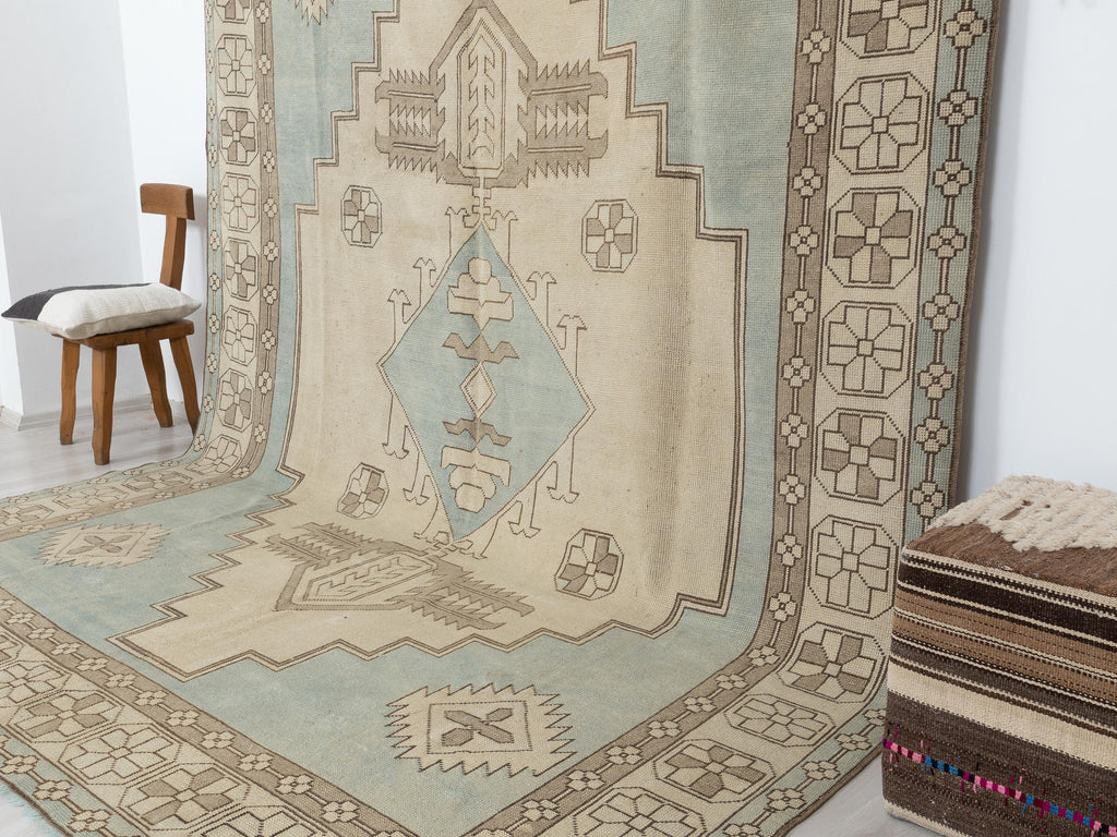 9x11 Oversize Handmade Wool Rug: Blue Beige Turkish Carpet, Farmhouse Decor Kars Area Rugs.