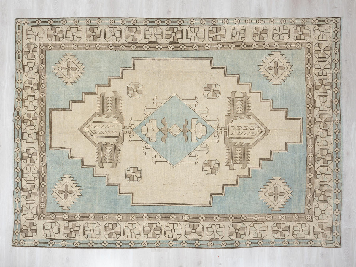 9x11 Oversize Handmade Wool Rug: Blue Beige Turkish Carpet, Farmhouse Decor Kars Area Rugs.