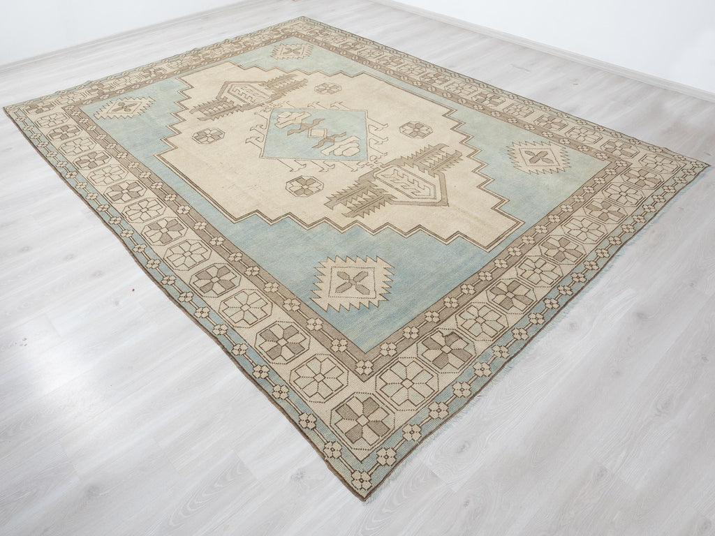 9x11 Oversize Handmade Wool Rug: Blue Beige Turkish Carpet, Farmhouse Decor Kars Area Rugs.