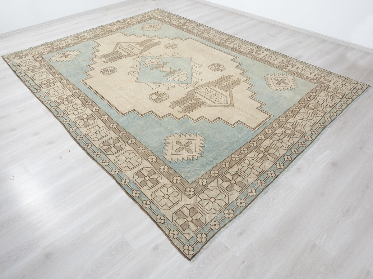 9x11 Oversize Handmade Wool Rug: Blue Beige Turkish Carpet, Farmhouse Decor Kars Area Rugs.