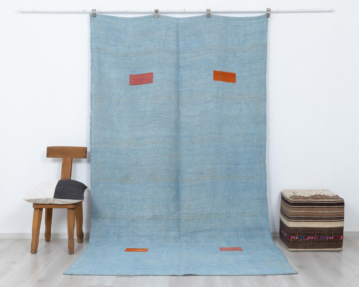 Overdye Blue Turkish Hemp Kilim Rug,5.6x9,6 Feet.