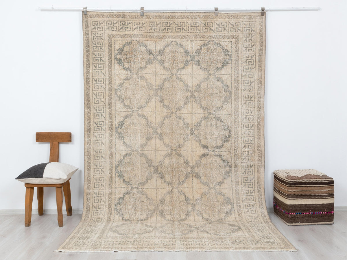 Vintage Turkish Wool Carpet Rug: 6.4x9.8 Feet,Neutral Oushak Rugs,