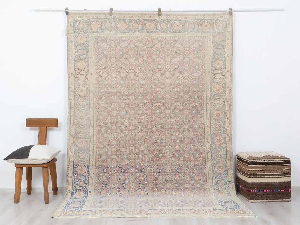 Floral Pattern Vintage Turkish Wool Carpet Rug: 6.5x9.4 Feet,Blue,Muted Red Oushak Rugs.