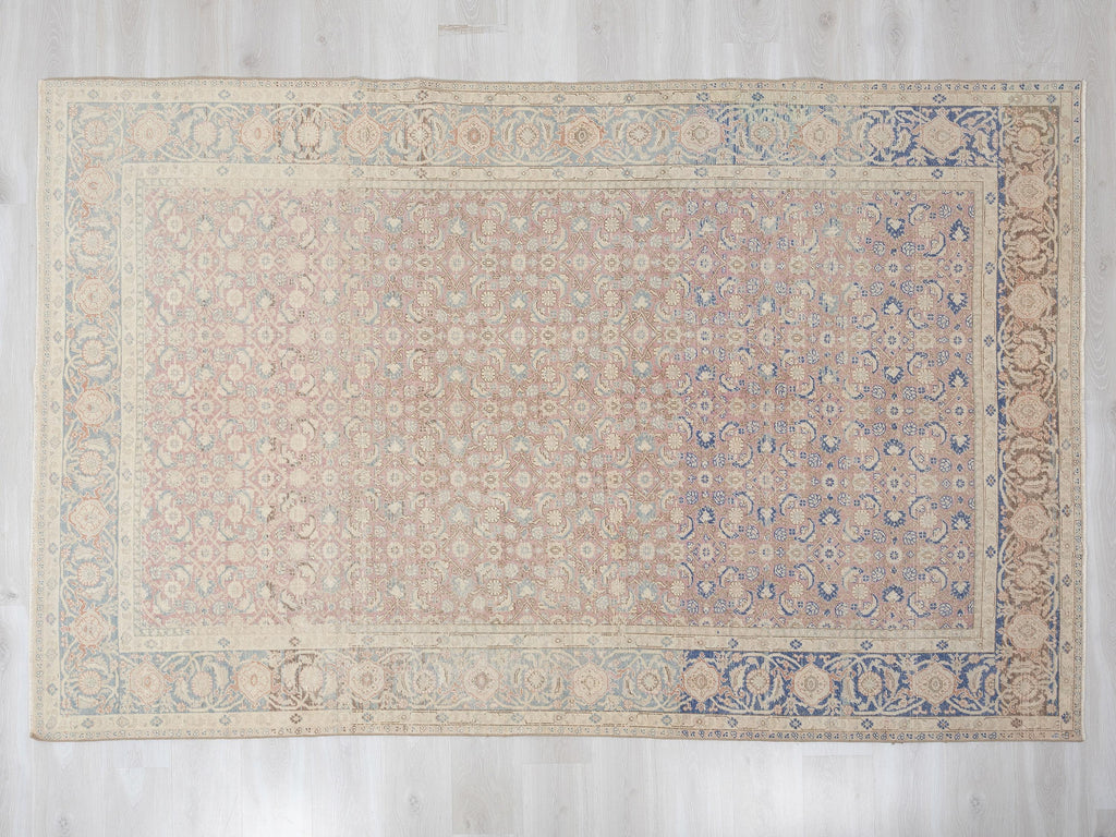 Floral Pattern Vintage Turkish Wool Carpet Rug: 6.5x9.4 Feet,Blue,Muted Red Oushak Rugs.
