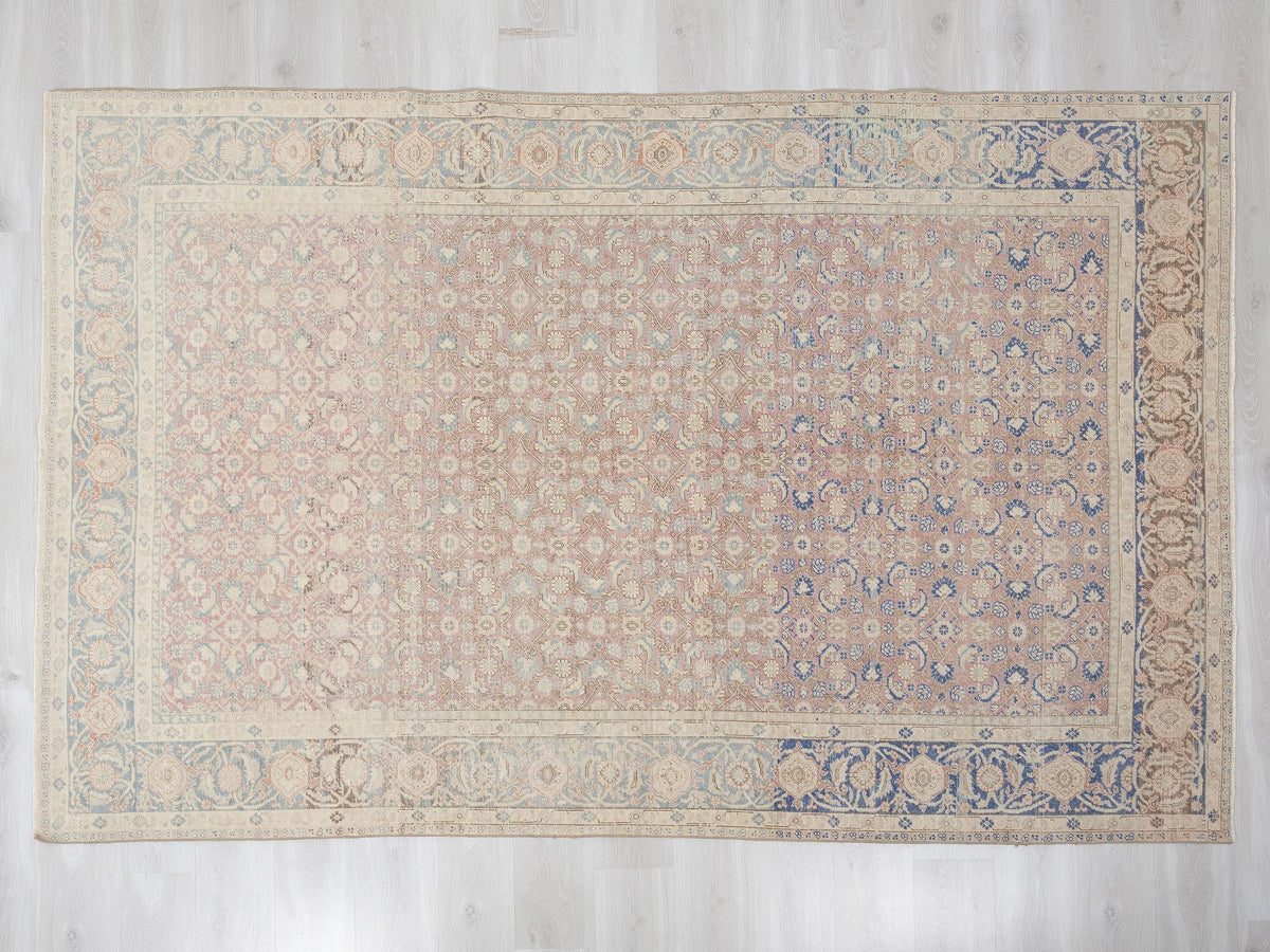 Floral Pattern Vintage Turkish Wool Carpet Rug: 6.5x9.4 Feet,Blue,Muted Red Oushak Rugs.