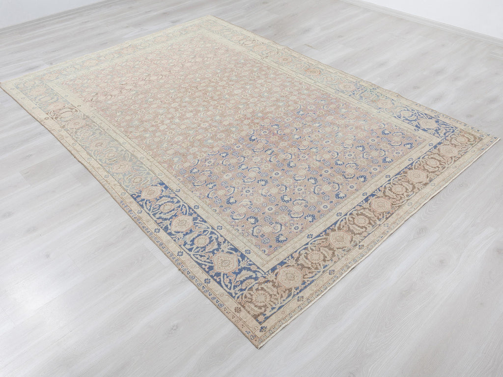 Floral Pattern Vintage Turkish Wool Carpet Rug: 6.5x9.4 Feet,Blue,Muted Red Oushak Rugs.