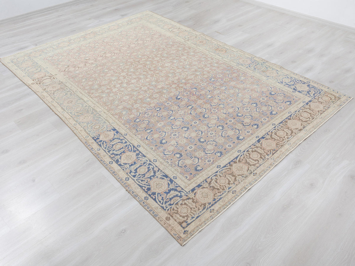 Floral Pattern Vintage Turkish Wool Carpet Rug: 6.5x9.4 Feet,Blue,Muted Red Oushak Rugs.