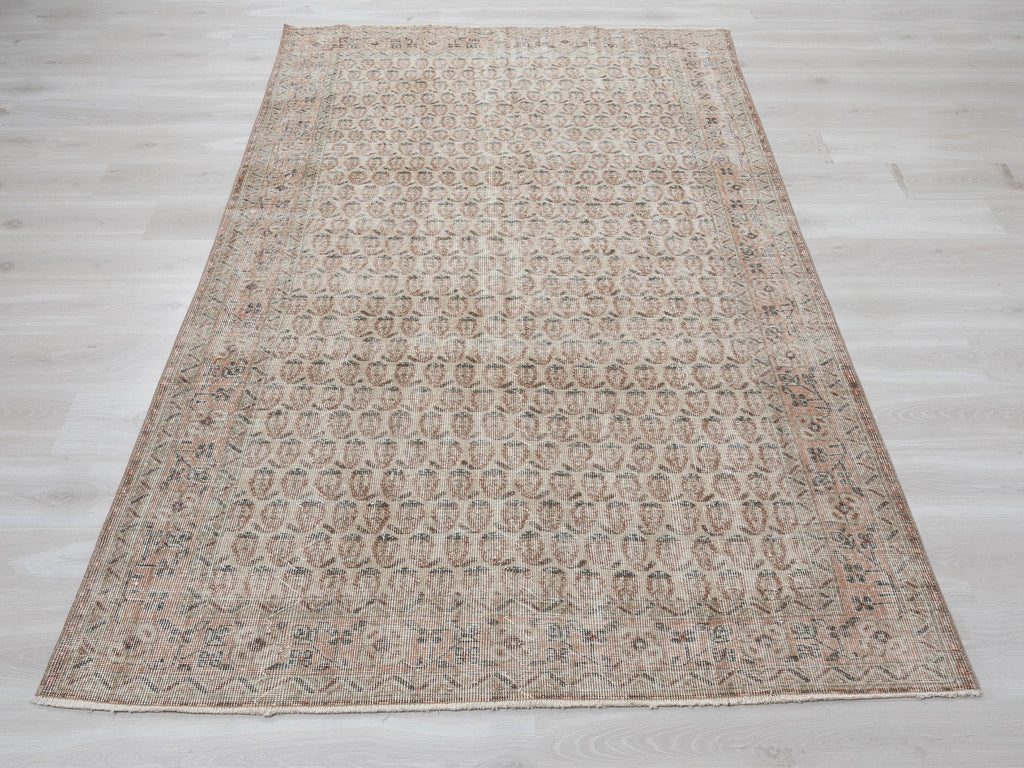 Low Pile Vintage Turkish Carpet Rug,5.4x8.7 Feet,Handmade Wool Oushak Rugs.