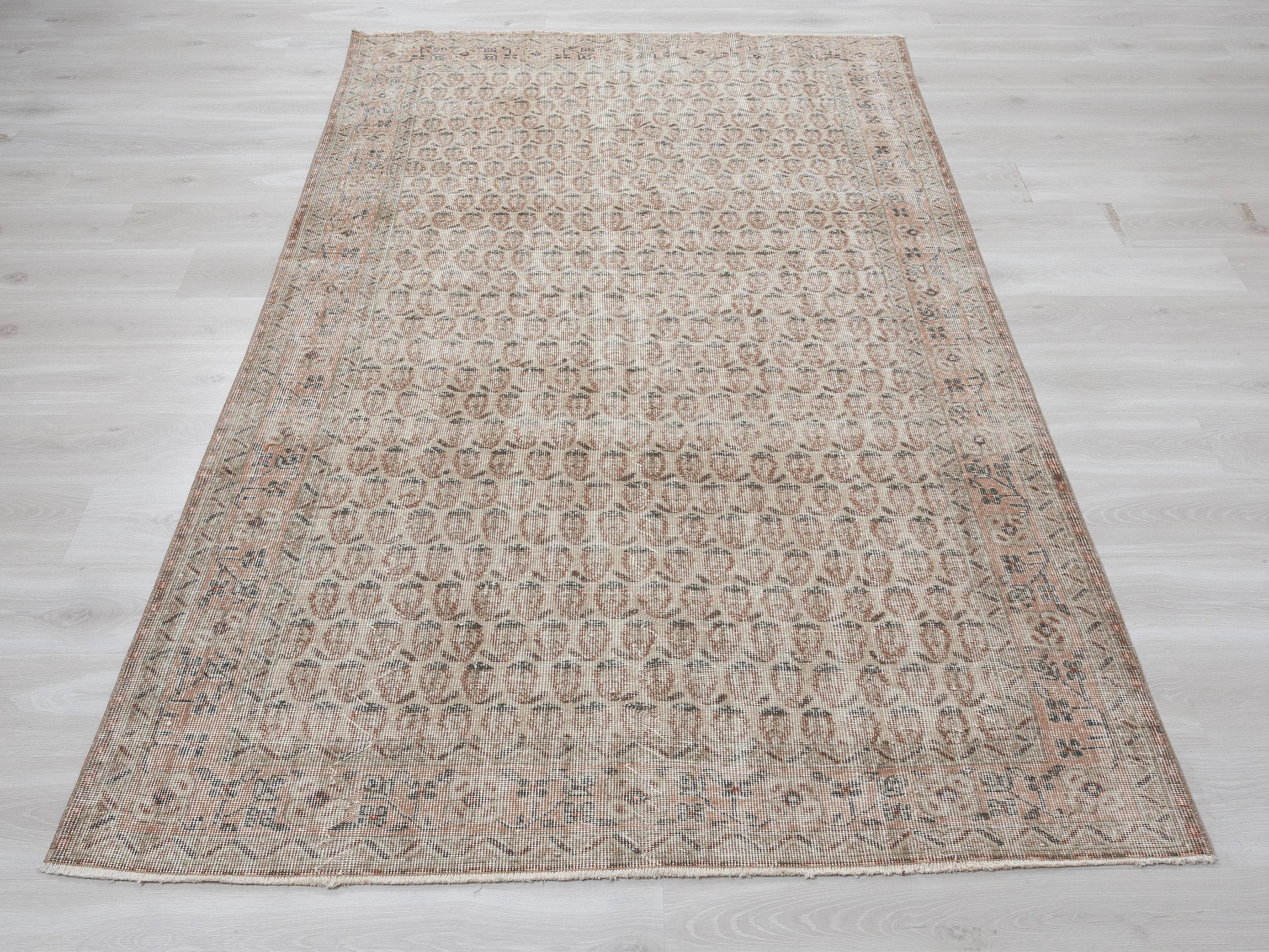 Low Pile Vintage Turkish Carpet Rug,5.4x8.7 Feet,Handmade Wool Oushak Rugs.