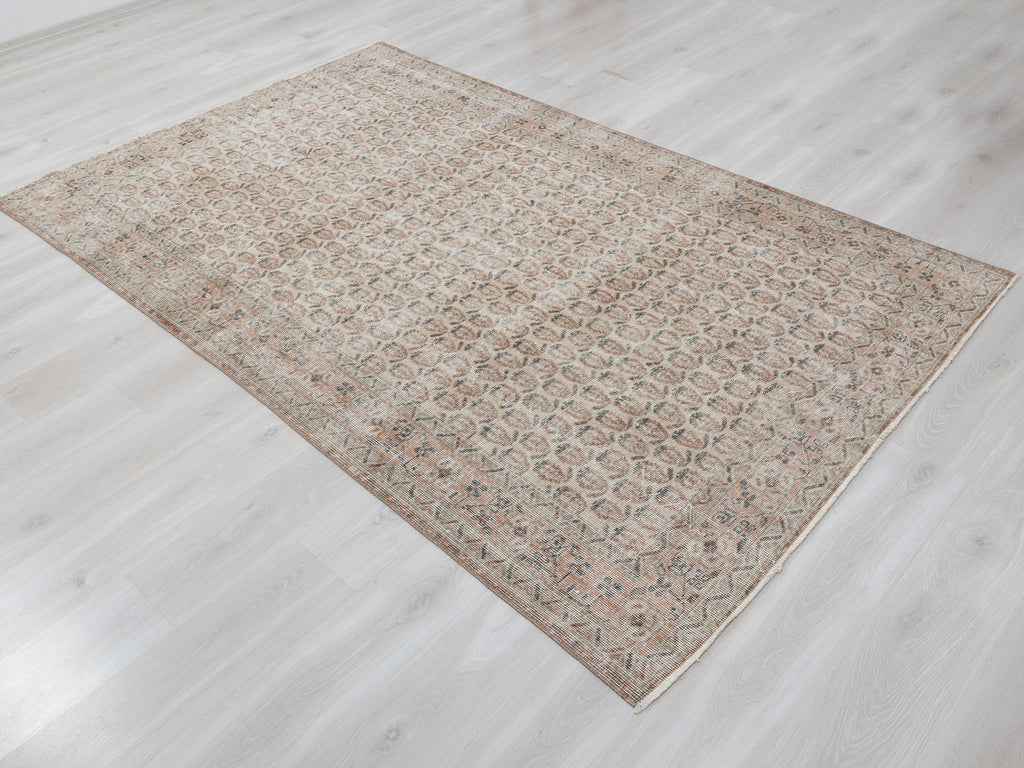 Low Pile Vintage Turkish Carpet Rug,5.4x8.7 Feet,Handmade Wool Oushak Rugs.