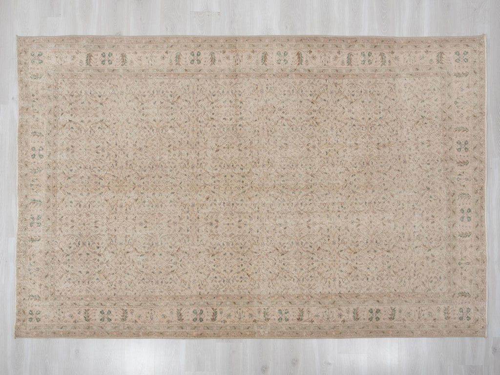 Floral Design Handmade Wool Rug: 6.6x9.7 Feet,Neutral Turkish Vintage Oushak Carpet.