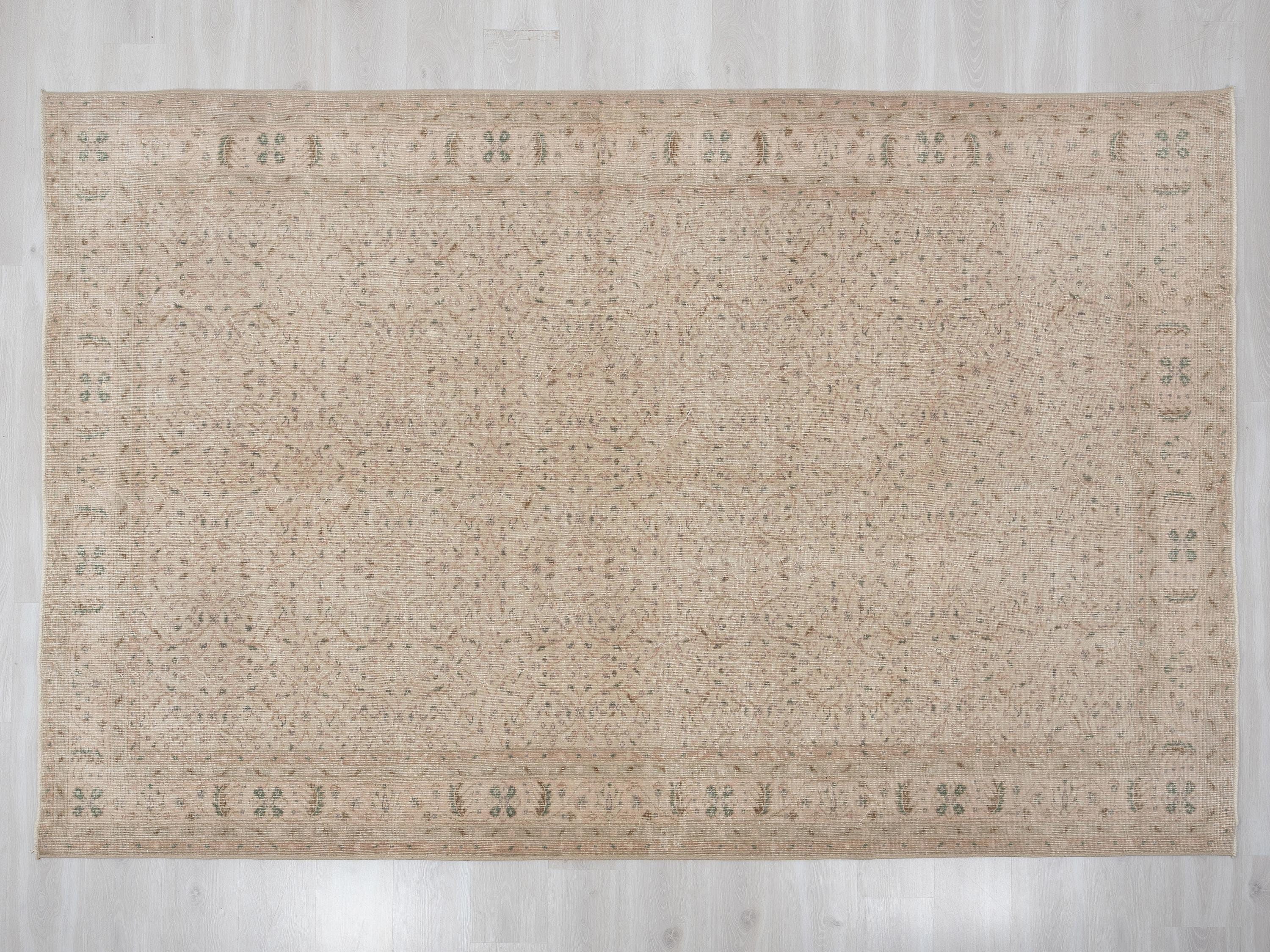 Floral Design Handmade Wool Rug: 6.6x9.7 Feet,Neutral Turkish Vintage Oushak Carpet.