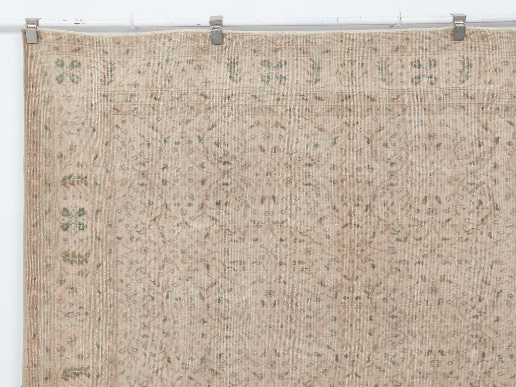 Floral Design Handmade Wool Rug: 6.6x9.7 Feet,Neutral Turkish Vintage Oushak Carpet.
