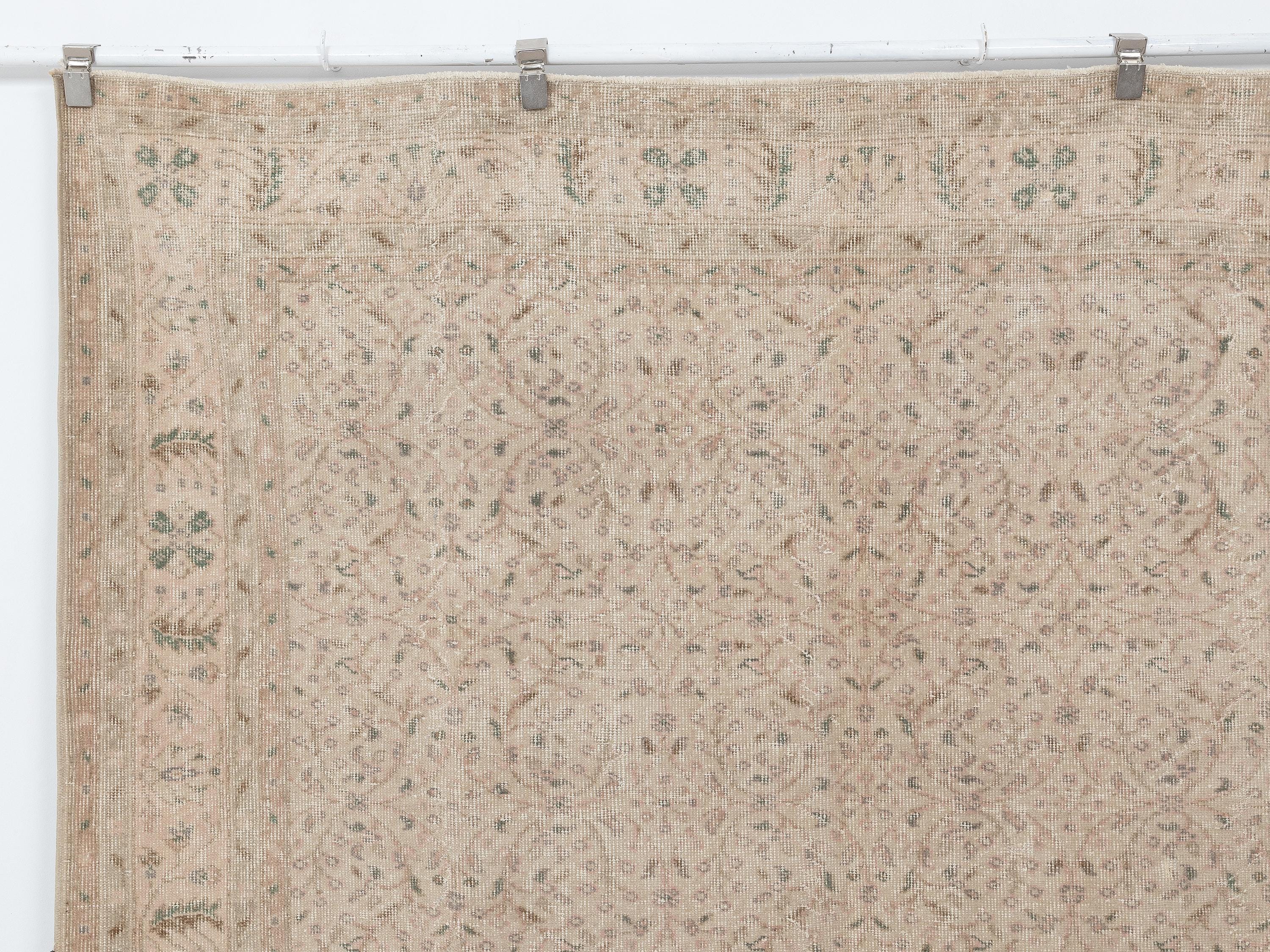 Floral Design Handmade Wool Rug: 6.6x9.7 Feet,Neutral Turkish Vintage Oushak Carpet.