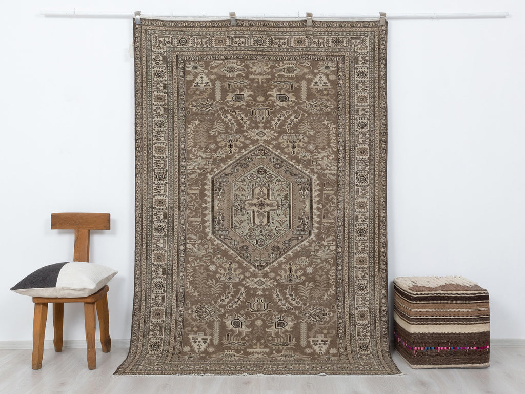 Brown Beige Handmade Wool Rug: 5.3x8.1 Feet,Vintage Turkish Carpet Rugs.