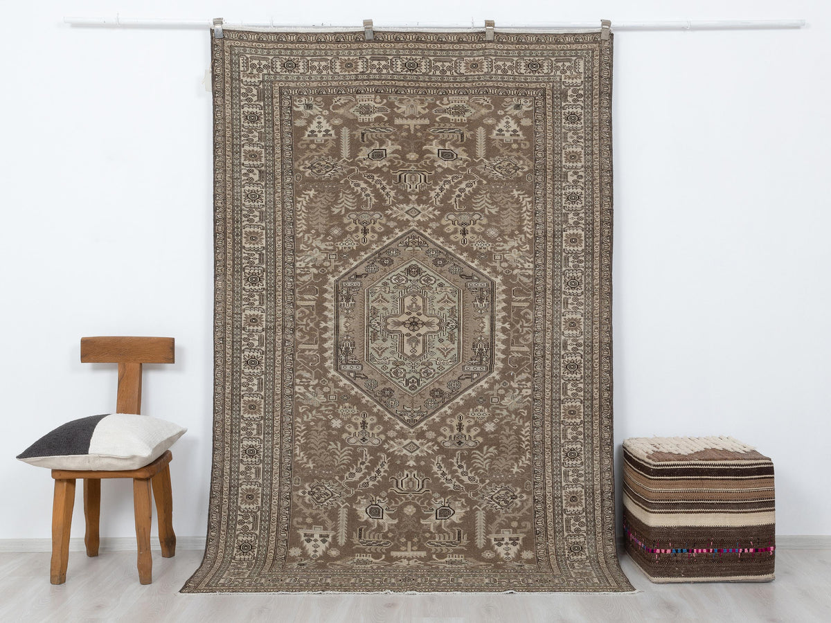 Brown Beige Handmade Wool Rug: 5.3x8.1 Feet,Vintage Turkish Carpet Rugs.
