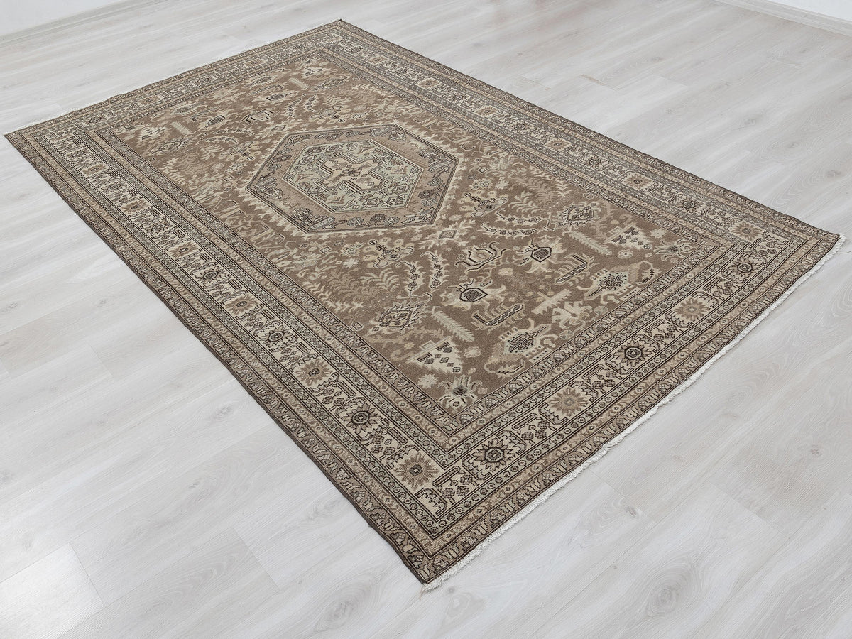 Brown Beige Handmade Wool Rug: 5.3x8.1 Feet,Vintage Turkish Carpet Rugs.