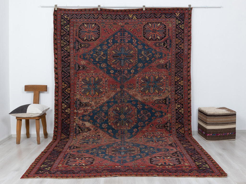 Antique Soumak Rug: 7.5x12 Ft, Oversize Turkish Wool Unique Decor Rugs.