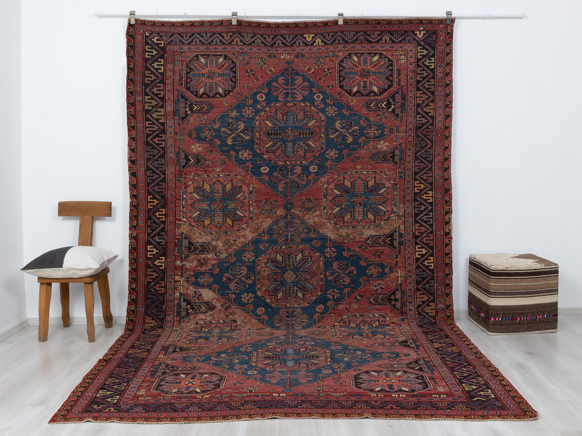 Antique Soumak Rug: 7.5x12 Ft, Oversize Turkish Wool Unique Decor Rugs.