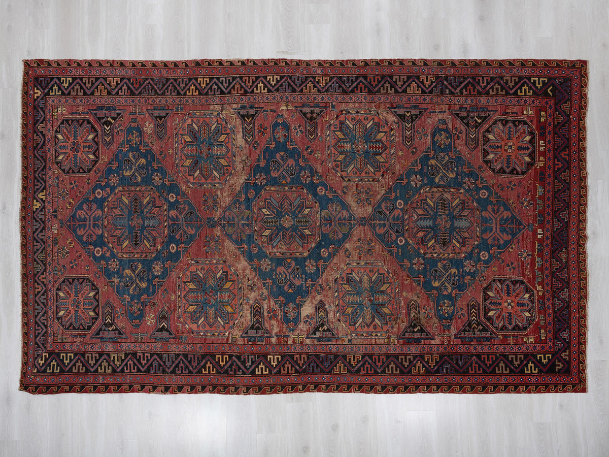 Antique Soumak Rug: 7.5x12 Ft, Oversize Turkish Wool Unique Decor Rugs.
