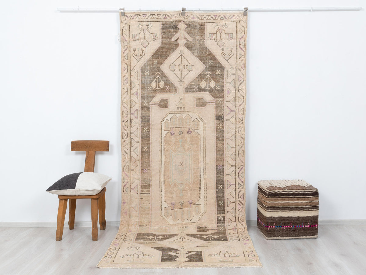 Handwoven Wool Rug: 4.1x10.2 Feet,Beige Brown Turkish Vintage Oushak Rugs,Summer Decor Carpet.