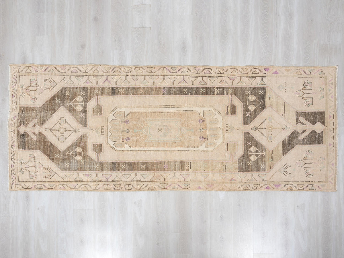 Handwoven Wool Rug: 4.1x10.2 Feet,Beige Brown Turkish Vintage Oushak Rugs,Summer Decor Carpet.