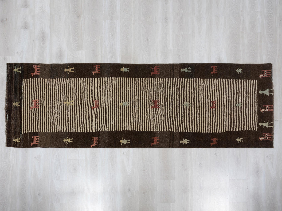 Vintage Turkish Wool Rug Runner: 3.1x9.4 Feet,Brown Beige Tribal Pattern Rugs,Hallways Decor.