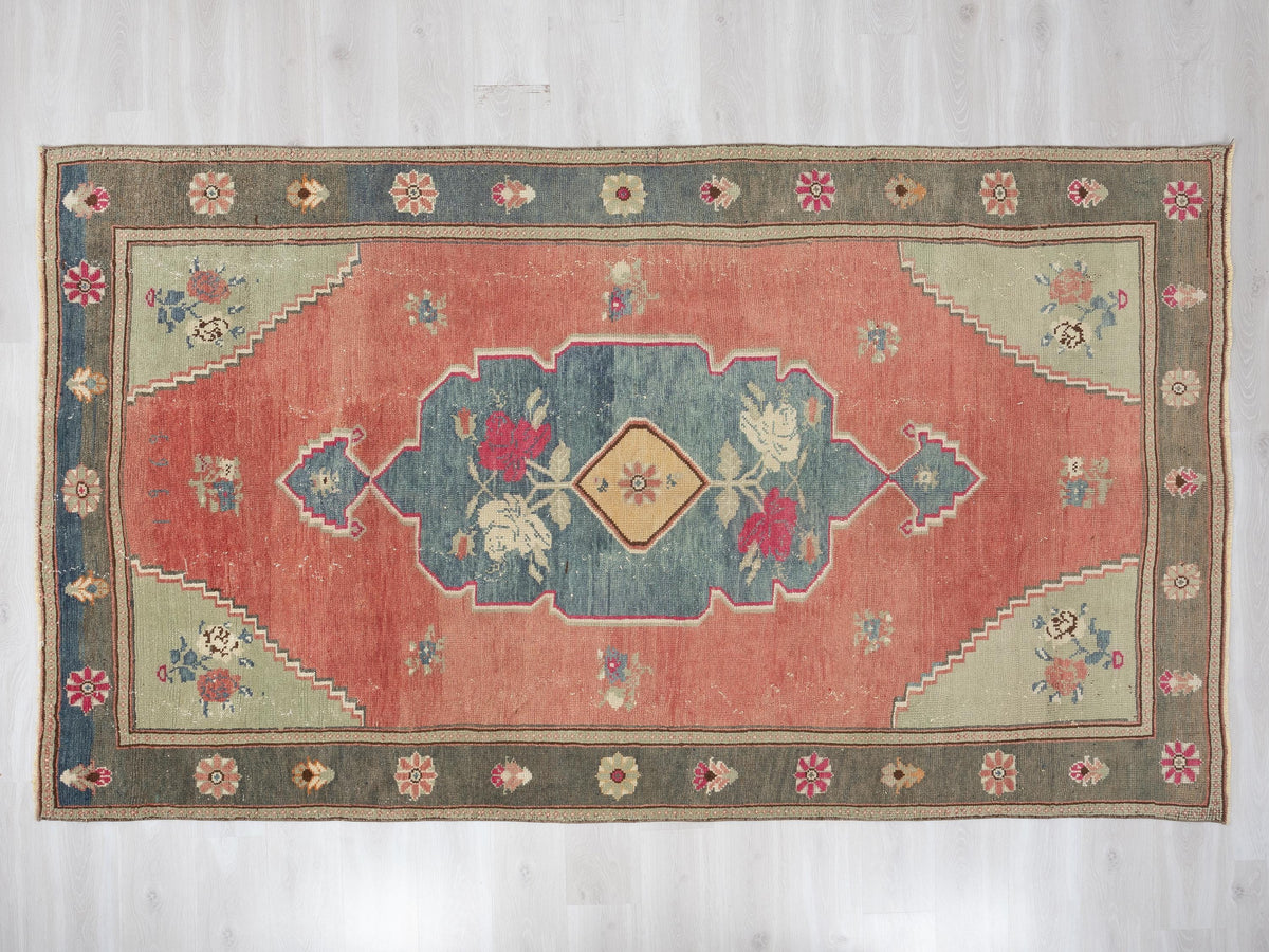 Antique Turkish Wool Rug: 6x10 Feet, 1960s unique Oushak Handmade Carpet,Farmhouse Decor Rugs.