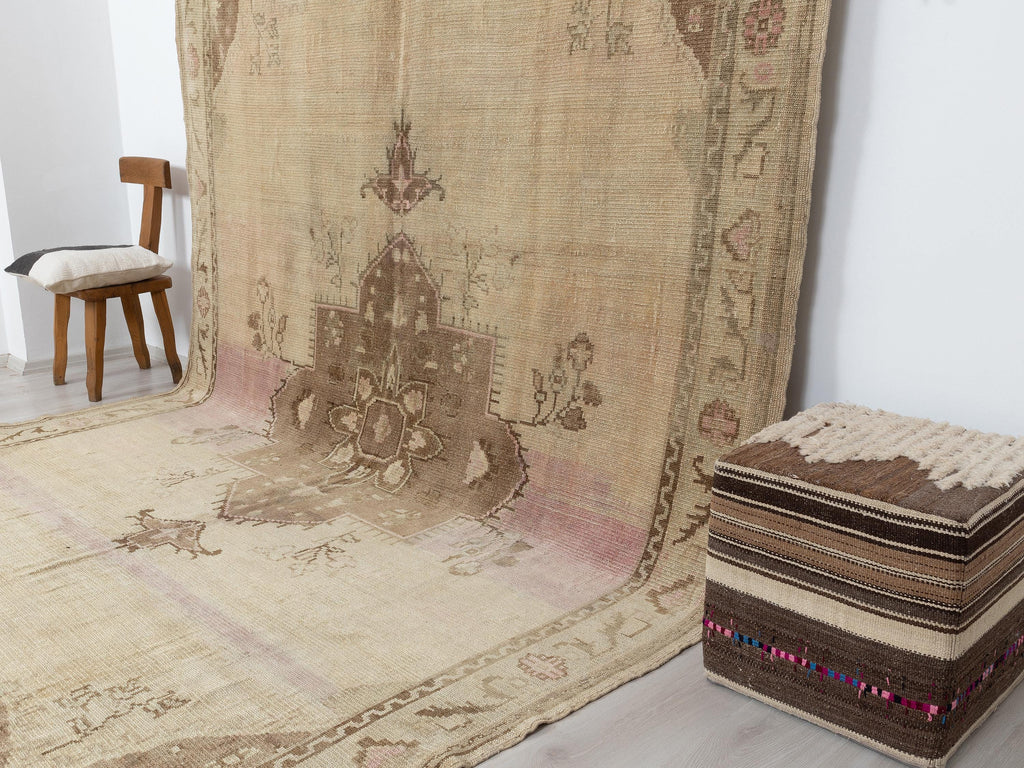 Handmade Wool Rug: 8.4x13 Feet,Oversize Turkish Kars Area Carpet,Brown Pink Vintage Rugs.