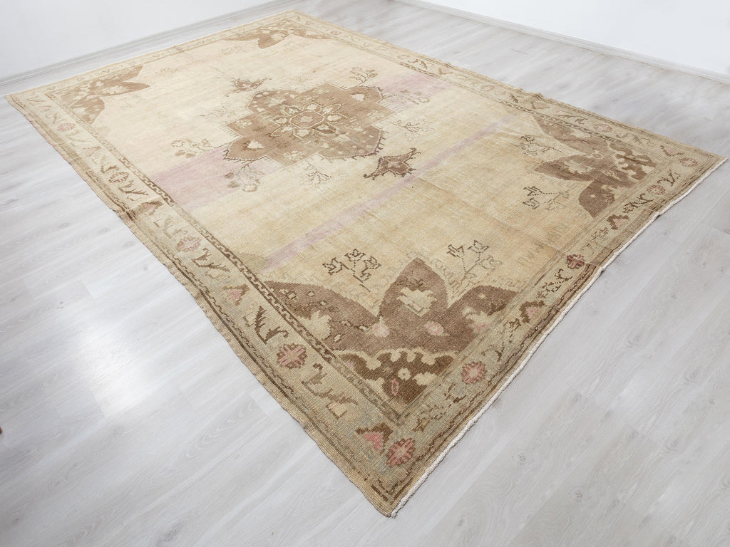 Handmade Wool Rug: 8.4x13 Feet,Oversize Turkish Kars Area Carpet,Brown Pink Vintage Rugs.