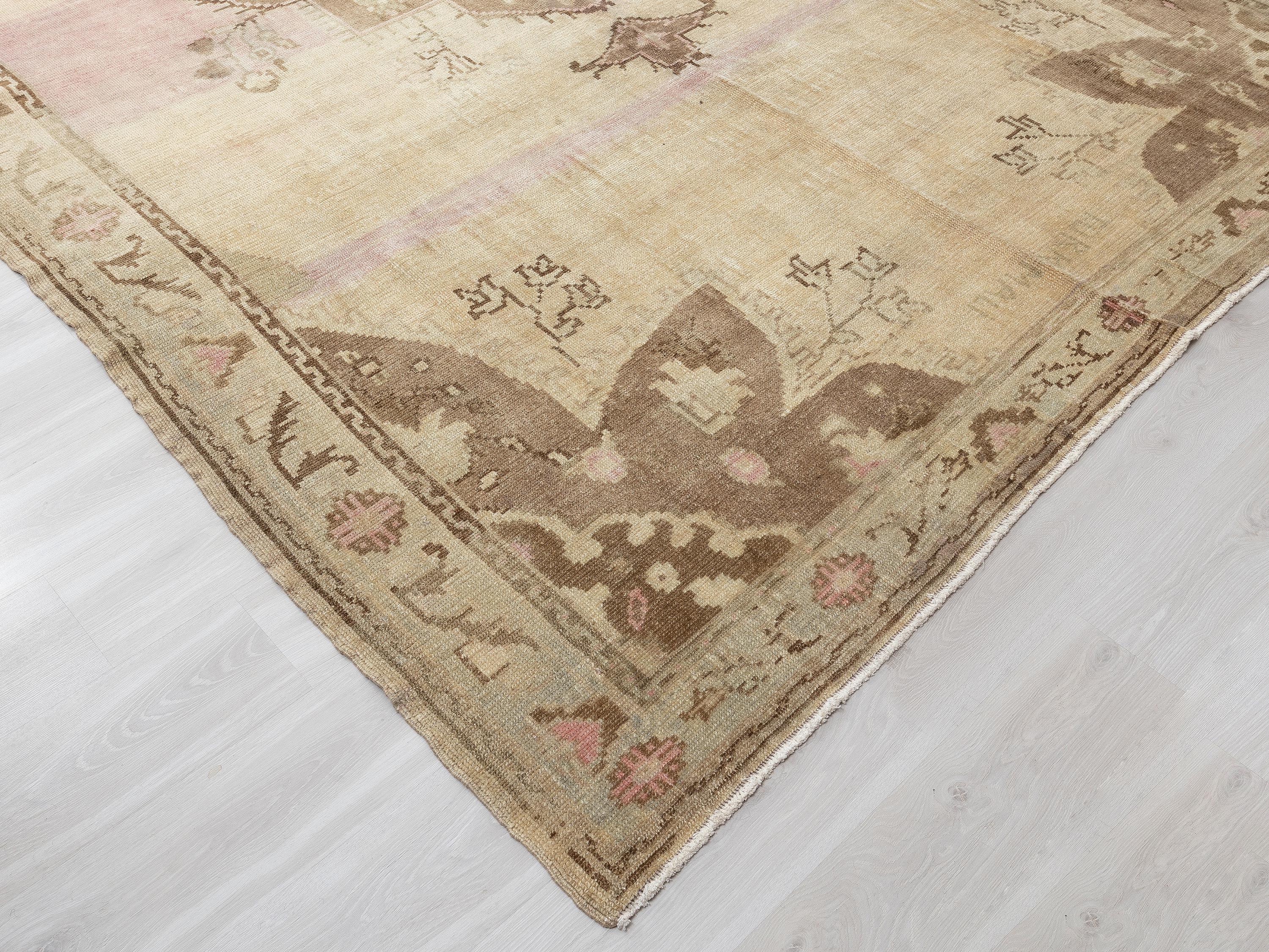 Handmade Wool Rug: 8.4x13 Feet,Oversize Turkish Kars Area Carpet,Brown Pink Vintage Rugs.