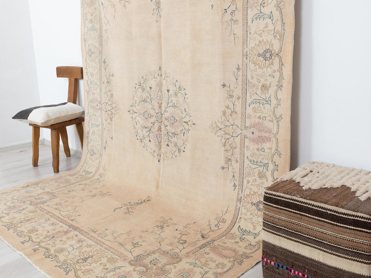 1960s Vintage Handmade Wool Rug: Unique Pastel Color Turkish Oushak Carpet Rugs | 6,7x10 Feet,