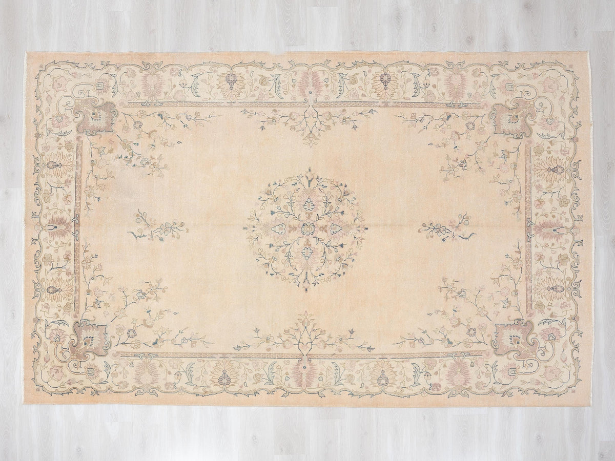 1960s Vintage Handmade Wool Rug: Unique Pastel Color Turkish Oushak Carpet Rugs | 6,7x10 Feet,