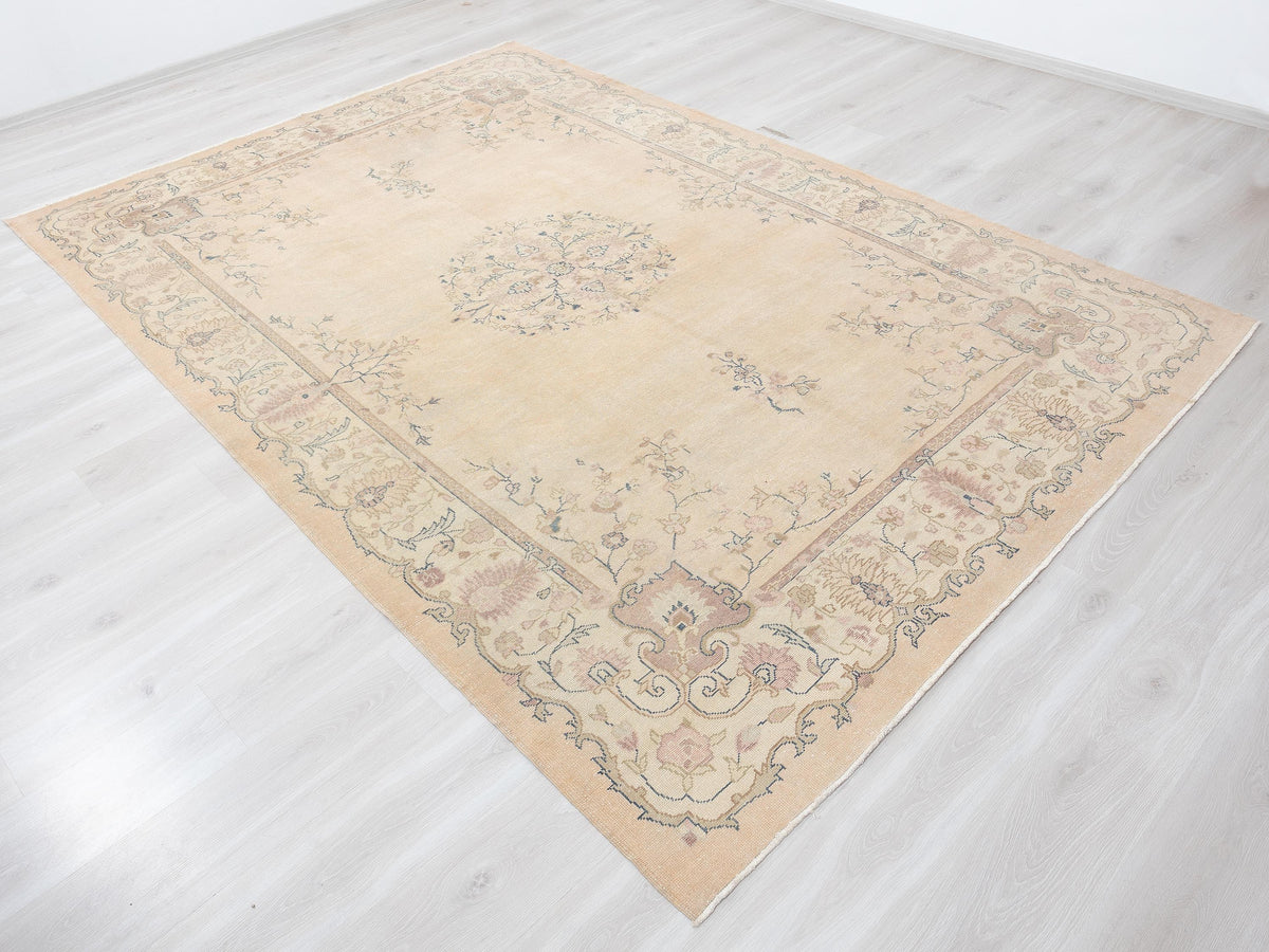1960s Vintage Handmade Wool Rug: Unique Pastel Color Turkish Oushak Carpet Rugs | 6,7x10 Feet,