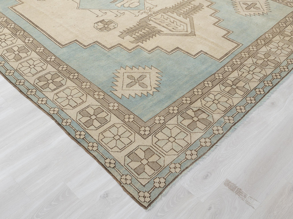 9x11 Oversize Handmade Wool Rug: Blue Beige Turkish Carpet, Farmhouse Decor Kars Area Rugs.