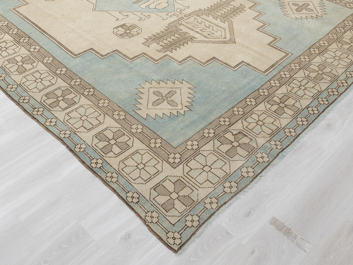 9x11 Oversize Handmade Wool Rug: Blue Beige Turkish Carpet, Farmhouse Decor Kars Area Rugs.